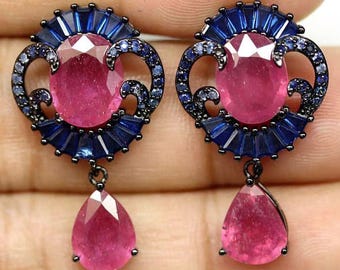 Exquisite silver earrings with natural sapphire and ruby &quot;Walk with your loved one&quot;