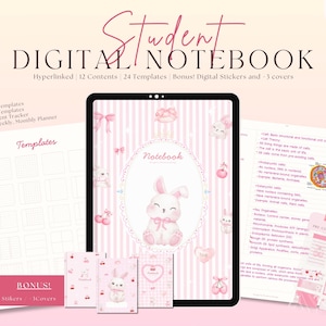 Może przedstawiać: Cyfrowy notatnik dla studentów, w kolorze różowym i białym. Zawiera 12 zawartości, 24 szablony, cyfrowe naklejki i 3 okładki. Główna okładka przedstawia królika. Dołączone są również dodatkowe szablony i naklejki.