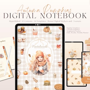 May include: Digital notebook with an autumn theme. The cover features a watercolor illustration of a woman in a hat and scarf holding a mug. The notebook includes templates, stickers, and covers. The text reads "Autumn Pumpkins DIGITAL NOTEBOOK".