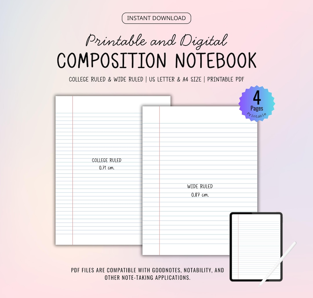 Printable Composition Notebook Paper: College & Wide Ruled (PDF ...