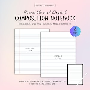 May include: Printable and digital composition notebook with college and wide ruled pages. Includes US Letter and A4 sizes. The image shows two notebook pages with 0.71 cm and 0.87 cm ruled lines, plus a tablet and stylus.