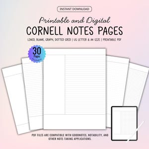 Könnte beinhalten: Druckbare und digitale Cornell-Notizseiten mit Optionen für Linien, Leerzeichen, Grafiken und gepunktete Raster. Enthält US Letter- und A4-Größen im druckbaren PDF-Format. Das Bild zeigt ein Tablet mit einer Cornell-Notizseite und einem Stift.