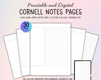 Printable Cornell Notes Templates: Lined, Graph, Blank, Dotted (Digital PDF)