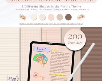 May include: A digital notepaper bundle with a neutral theme. The image shows a tablet with a stylus, displaying a biology study guide. The bundle includes 200 templates in 5 shades, with lined, dotted, grid, and Cornell note options. Bonus stickers are included.