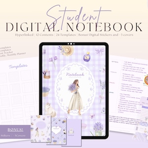 May include: A digital student notebook displayed on a tablet, with a lavender and white theme. The notebook includes templates, stickers, and covers. Text on the screen reads "Student Digital Notebook". Additional pages show templates and notes.