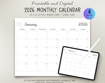 2026 Monthly Calendar Planner: Minimalist Black Design (PDF Digital Download)