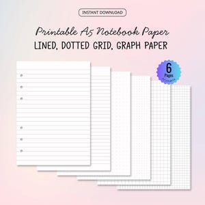 Könnte beinhalten: Druckbares A5-Notizpapier mit liniertem, gepunktetem Raster und karierten Papieroptionen. Das Bild zeigt sechs Seiten Papier mit verschiedenen Layouts, darunter linierte, gepunktete und Rastermuster. Der Text "Sofort-Download" und "6 Seiten druckbar" sind ebenfalls sichtbar.