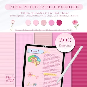 May include: Pink notepaper bundle with 200 templates in various shades of pink. Includes lined, dotted, grid, graph, and Cornell notes. Features decorative stickers and section divider pages. A digital tablet displays notes with the word "Exam!"