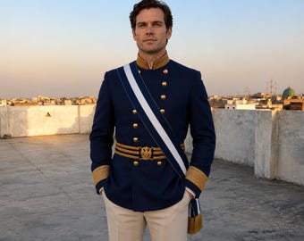 Men’s Navy Blue Military Jacket, Prince Style Wool Coat, Victorian Hussar Uniform For Men's, Formal Wedding Coat for Men