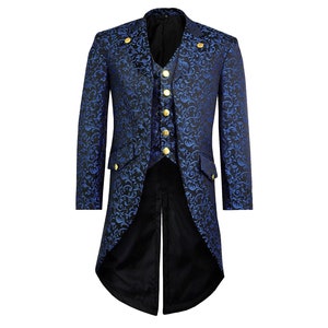 May include: A blue and black patterned tailcoat with gold buttons. The jacket has a long, flowing tail and a fitted bodice.