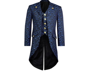 Men&#39;s Blue Steampunk Tailcoat | Gothic Handmade Brocade Coat | Custom Made Gothic Coat | Victorian Fashion Tailcoat | Husband Gifts