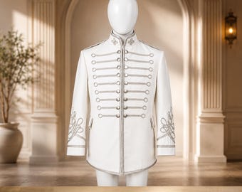 Men's White Wool Hussar Jacket | Military Officer Jacket | Victorian Steampunk Coat | Front Gold Braided Jacket | Custom Made