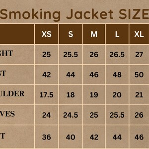 May include: A size chart for a smoking jacket, showing measurements in inches for different sizes, including XS, S, M, L, XL, and 2XL. The chart includes measurements for length, chest, shoulder, sleeves, and waist.