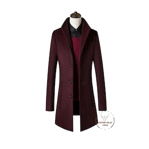 Men&#39;s Maroon Trench coat, Men&#39;s Wool Overcoat, Vintage Trench Overcoat, Men&#39;s Long Wool Trench Coat