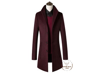 Men's Maroon Trench coat, Men's Wool Overcoat, Vintage Trench Overcoat, Men's Long Wool Trench Coat