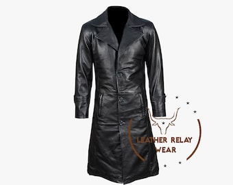 New Men's Black Long Trench Coat, Genuine Sheepskin Leather Coat