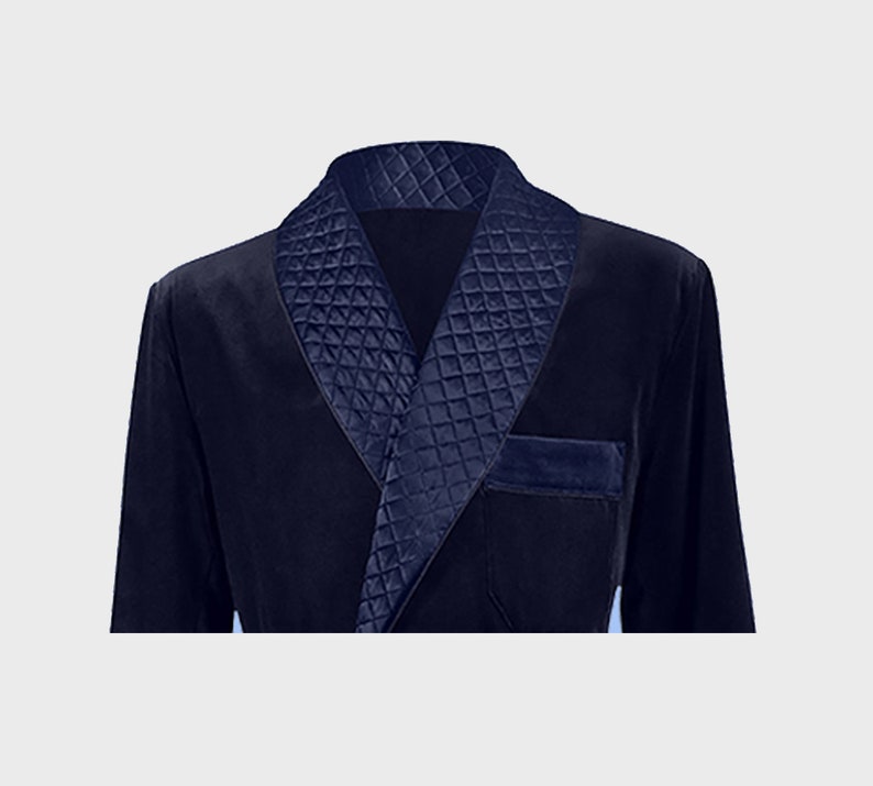 May include: A navy blue robe with a quilted collar and a velvet pocket.