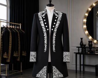 Men's Wedding Black Overcoat With White Embroidery, Luxury Modern Jacket Gift For Men's, Handmade Victorian Coat, Boyfriend Gifts