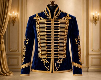 Men's Navy Blue Velvet Hussar Jacket | Military Officer Velvet Jacket | Victorian Steampunk Coat | Front Gold Braided Jacket | Custom Made