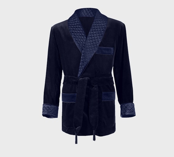 Men Women Smoking Jacket | Velvet Smoking Jacket | Quilted Smoking Coat | Navy Shell Smoking Coat | Gift For Him