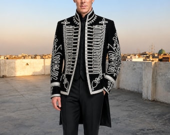 Men’s Black Hussar White Braided Jacket, Handmade Victorian Pelisse Black Jacket, Royal Prince Coat, Luxury Wedding Hussar Jacket