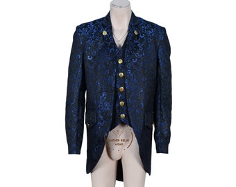 Blauwe steampunk-slipjas heren | Handgemaakte jas van gotisch brokaat heren | Op maat gemaakte gotische staartjas | Victoriaanse modieuze jas | Cadeaus voor mannen