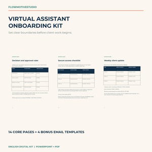 May include: A digital Virtual Assistant Onboarding Kit document featuring three tables titled Decision and approval rules, Secure access checklist, and Weekly client update. The text includes 14 core pages and 4 bonus email templates.