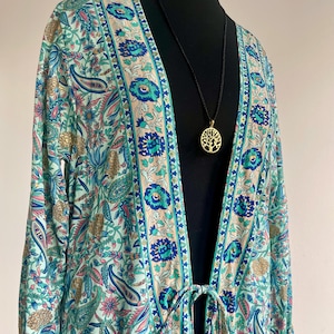 Floral Boho Kimono Robe – Handmade Long Kimono Cardigan – Lightweight Festival Cover-Up – One Size- Beach wear
