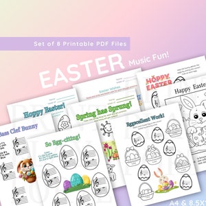 Pode incluir: Conjunto de oito arquivos PDF imprimíveis para se divertir com a música da Páscoa. Os arquivos incluem páginas para colorir, atividades de identificação de notas e um tema de coelhinho. O texto na página diz "Hoppy Easter!" e "Happy Easter!"