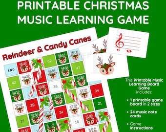 May include: Printable Christmas music learning game board with a reindeer and candy cane theme. The game board features a grid with numbers 1-54 and a red die. The game includes 24 music note cards.