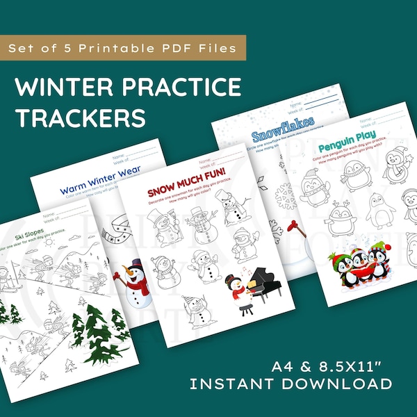 Winter Printable Music Practice Trackers, Piano Lessons Fun, printable Music lesson practice charts, practice tracker homeschool music piano