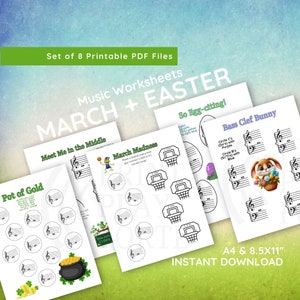 Op de afbeelding: Set van 8 printbare PDF-muziekwerkbladen voor maart en Pasen. De werkbladen bevatten een verscheidenheid aan thema's, waaronder "Meet Me in the Middle", "Pot of Gold", "March Madness", "So Egg-citing!" en "Bass Clef Bunny".