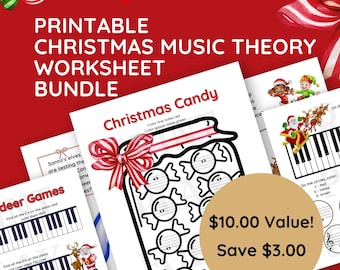 May include: A bundle of printable Christmas music theory worksheets. The worksheets feature festive themes like candy, reindeer games, and Santa. The text includes "Printable Christmas Music Theory Worksheet Bundle", "Christmas Candy", and "$10.00 Value! Save $3.00".