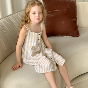 Może przedstawiać: Młoda osoba w beżowo-białej sukience w paski z detalami guzików. Sukienka ma kwadratowy dekolt i rozkloszowaną spódnicę. Osoba ta ma również na sobie białe sandały z brązowymi podeszwami. Tło obejmuje brązową poduszkę i jasną sofę.