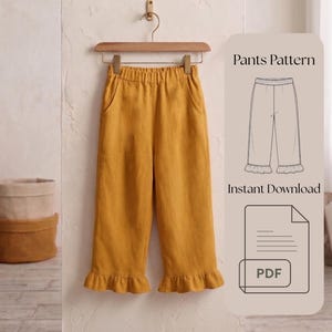 May include: Mustard yellow pants with an elastic waistband, side pockets, and ruffled hems hanging on a wooden hanger. The image includes text reading Pants Pattern, Instant Download, and a PDF icon with a line drawing of the pants.