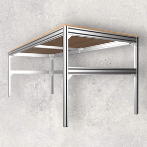 Plan de construction d'une table d'atelier simple en profilé d'aluminium modélisé en 3D