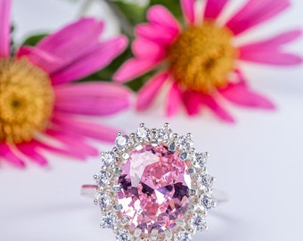 Silberring, Damen-Silberring, Silberring mit großem Stein, Ring mit rosa Stein, Ring 925, Original-Silberring, Verlobungsring,