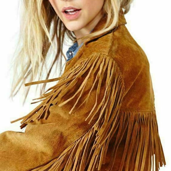 Veste à franges pour femmes occidentales en cuir suédé de haute qualité, veste manteau amérindien traditionnel classique - Meilleur cadeau pour elle
