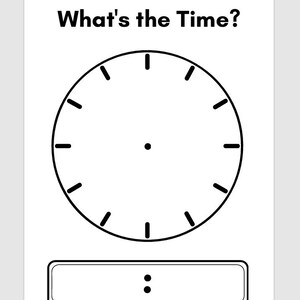 Puede incluir: Ilustración en blanco y negro de una esfera de reloj con el texto "What's the Time?" encima. La esfera del reloj tiene marcas para las horas. Debajo del reloj hay un rectángulo con dos puntos.