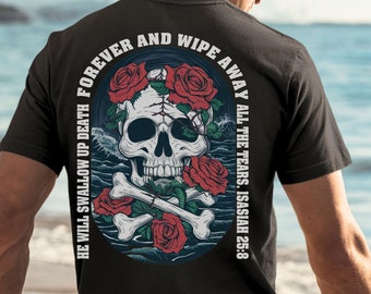 Men's Christian Halloween Skull Shirt, Isaiah 25:8 Scripture Shirt, Custom Print Front or Back, Religious Gothic Apparel, Faith-Based Gift