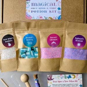 May include: A 'Magical Once Upon a Time Potion Kit' with ingredients in small bags labelled 'Snow White's Kindness,' 'Jasmine's Bravery,' 'Aurora's Optimism,' and 'Rapunzel's Resilience.' Includes a wooden spoon, pipette, and a vial labelled 'Fairy Mother Magic.'