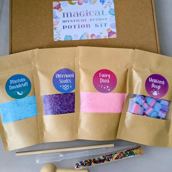 Kit para hacer pociones de seres místicos para niños / Juego creativo y desordenado / Hada / Unicornio / Sirena / ¡Prepara pociones burbujeantes y coloridas!