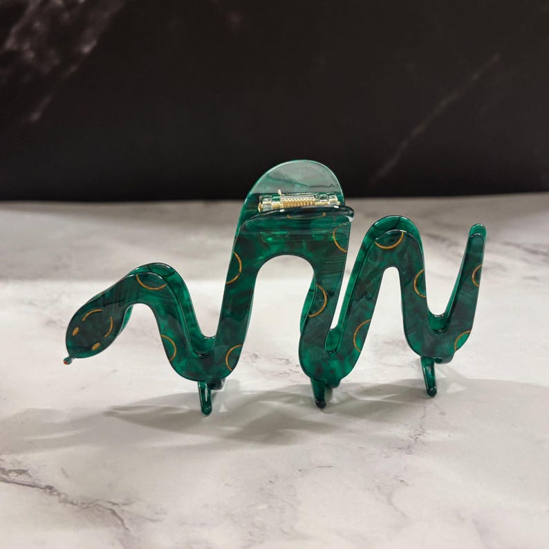 Cleopatra Green Snake Hair Claw | Asp Cobra Shaped Graphic Creative Spooky Gothic Claw Clip in Velvet Travel Bag image 1