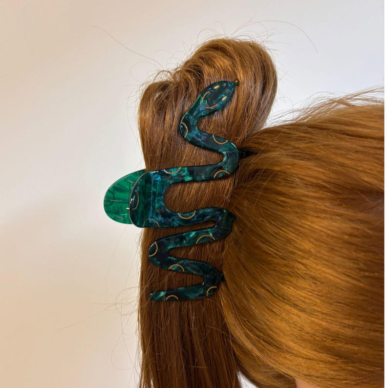 Cleopatra Green Snake Hair Claw | Asp Cobra Shaped Graphic Creative Spooky Gothic Claw Clip in Velvet Travel Bag image 2