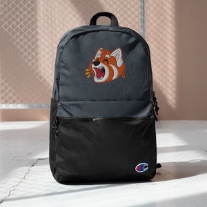 May include: A grey and black backpack with a red panda cartoon embroidered on the front. The backpack has a zipped pocket on the front and a small logo on the bottom right corner.