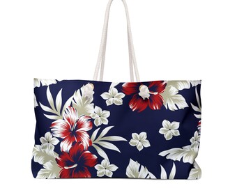 Weekender Bag Tropical Blue and Red Floral Print, large tote, beach tote, travel tote,tropical print