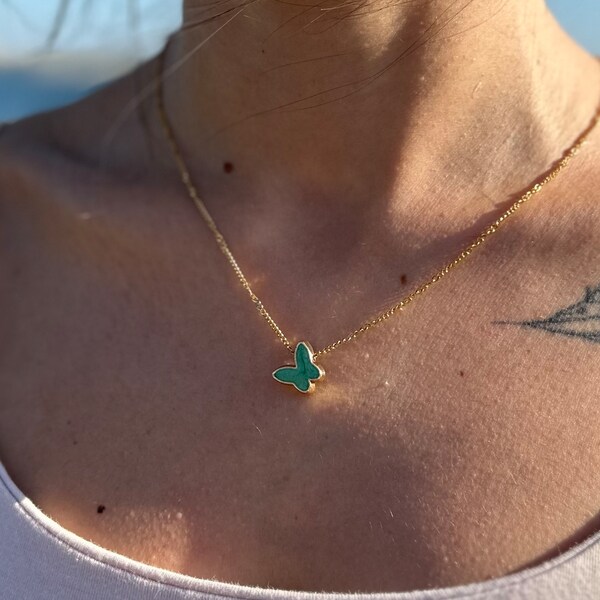 Emerald Butterfly Necklace,  Gold Color Butterfly Gift, Tiny Emerald Gold Butterfly Necklace, Bridesmaid Gift idea