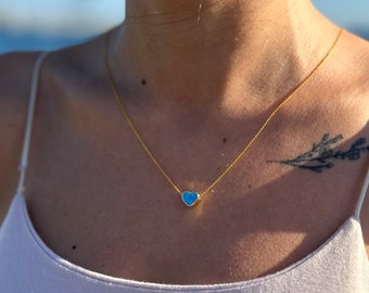Blue Heart Necklace For Her, Shiny Love Necklace, Gold and Blue Heart Necklace, Minimal Jewelry, Christmas Gift  for Love