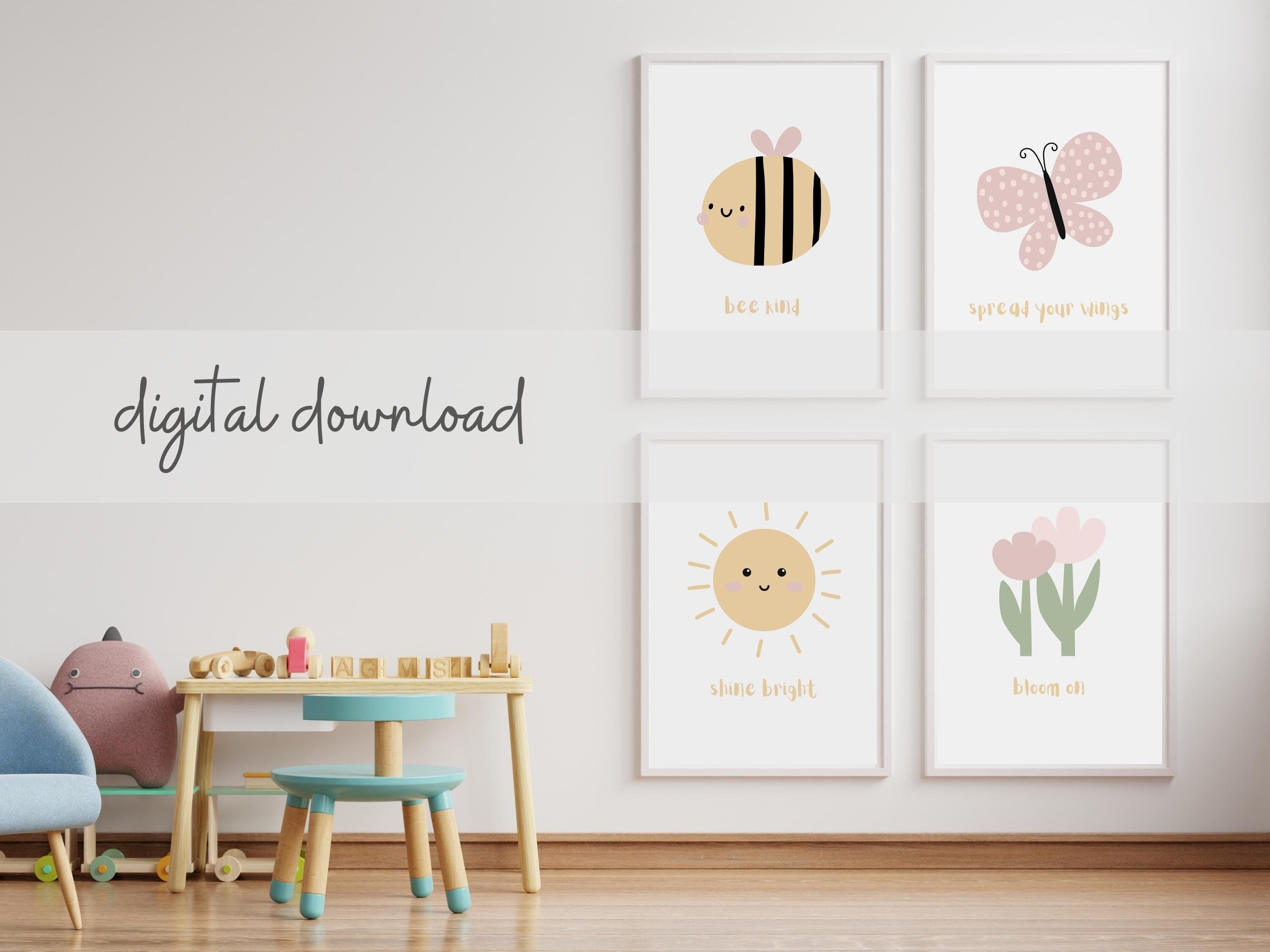 Set of 4 Kids Room Prints Cute Playroom Posters Sunshine, Bumble Bee
