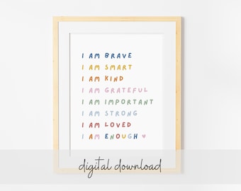 Printable Wall Art Affirmations for Kids | Boho Colorful Affirmations for Kids | Playroom Wall Decor | Kids Room Art Printable
